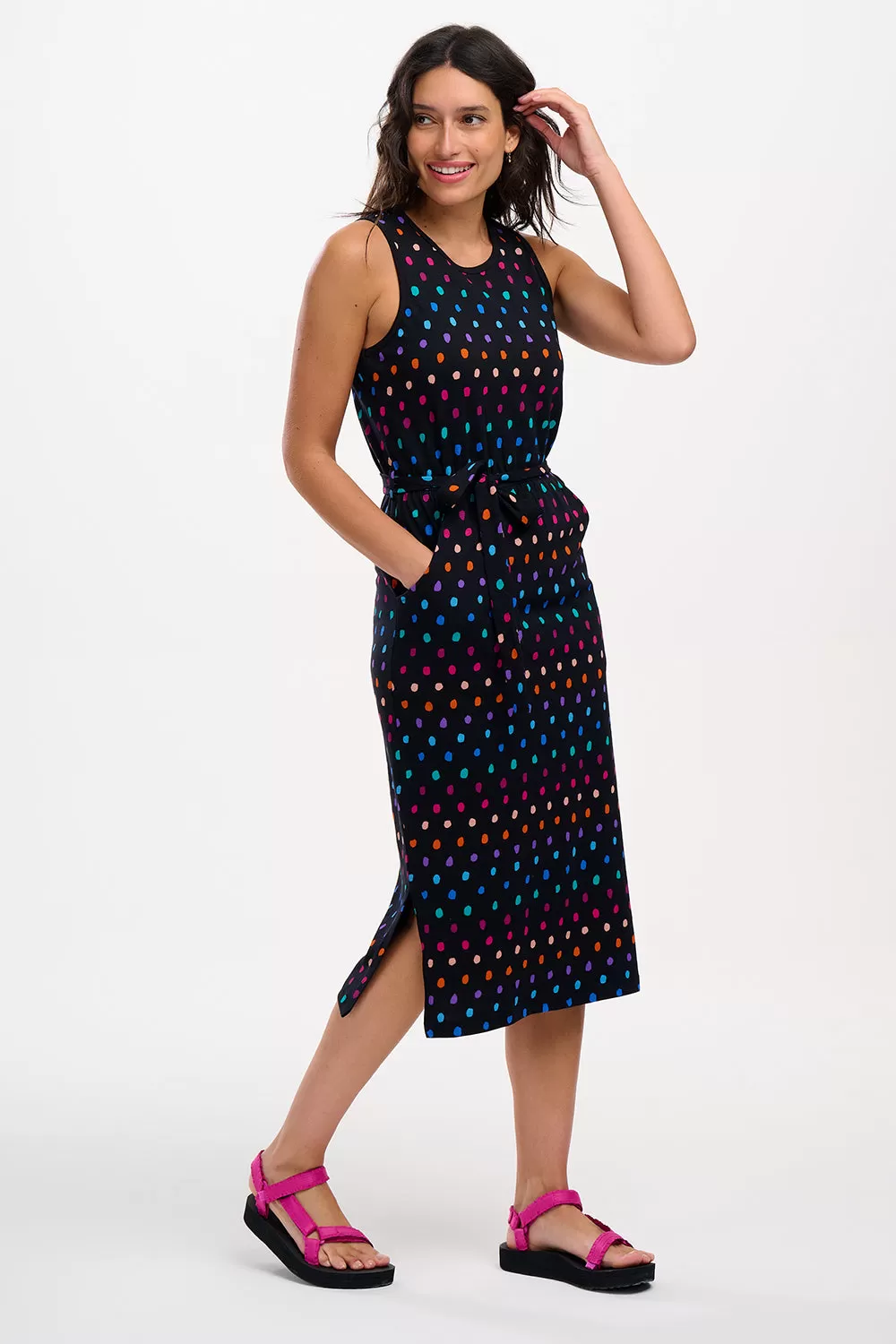 Rory Jersey Midi Dress - Black, Rainbow Painterly Spot