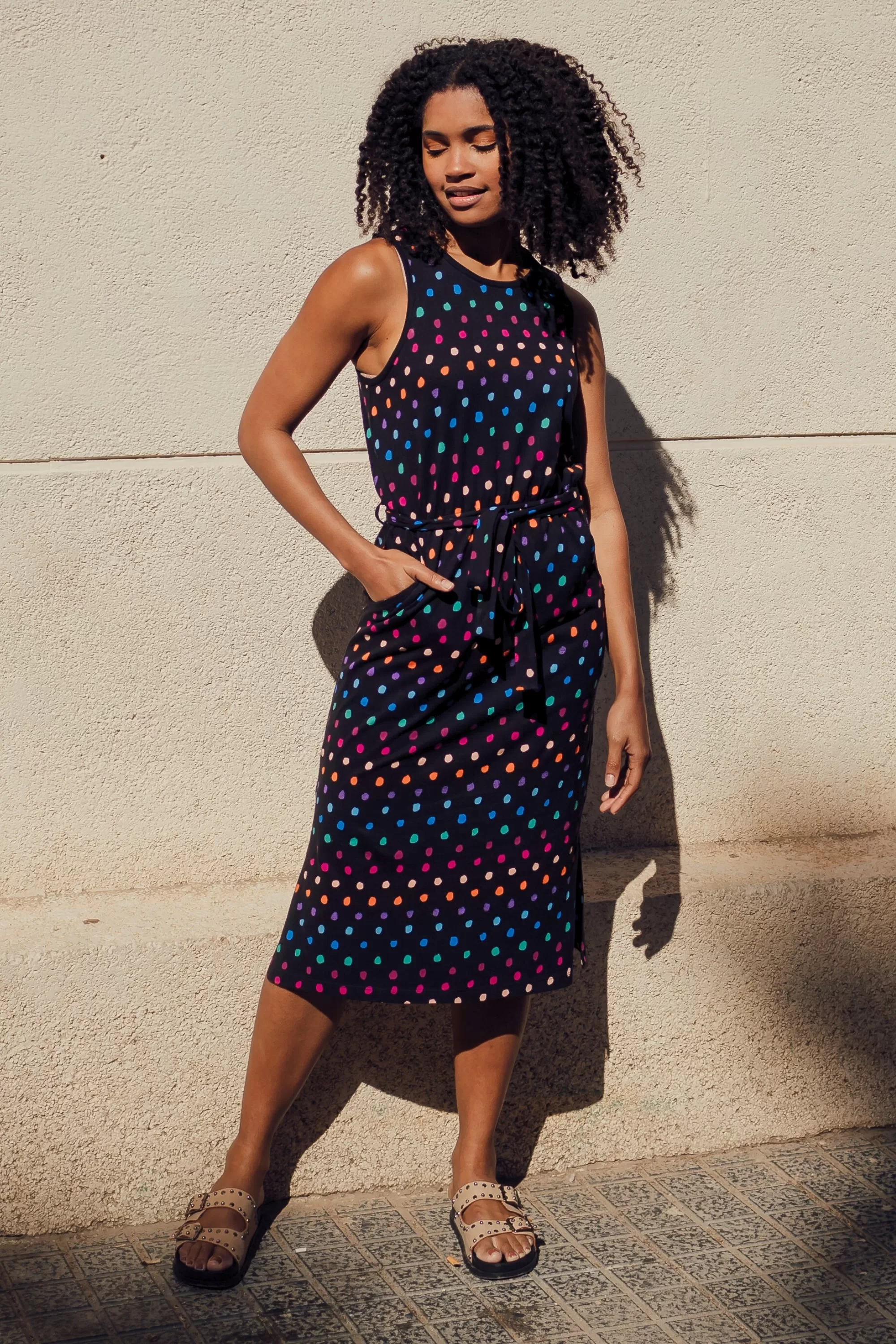 Rory Jersey Midi Dress - Black, Rainbow Painterly Spot