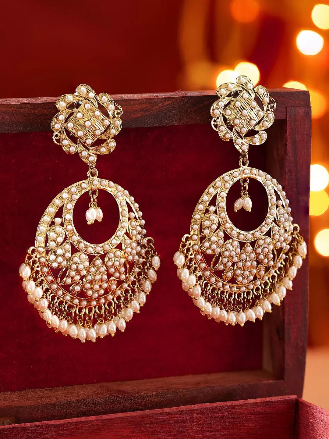 Rubans 22K Antique Gold Plated Pearl studded Statement Chandbali Earring