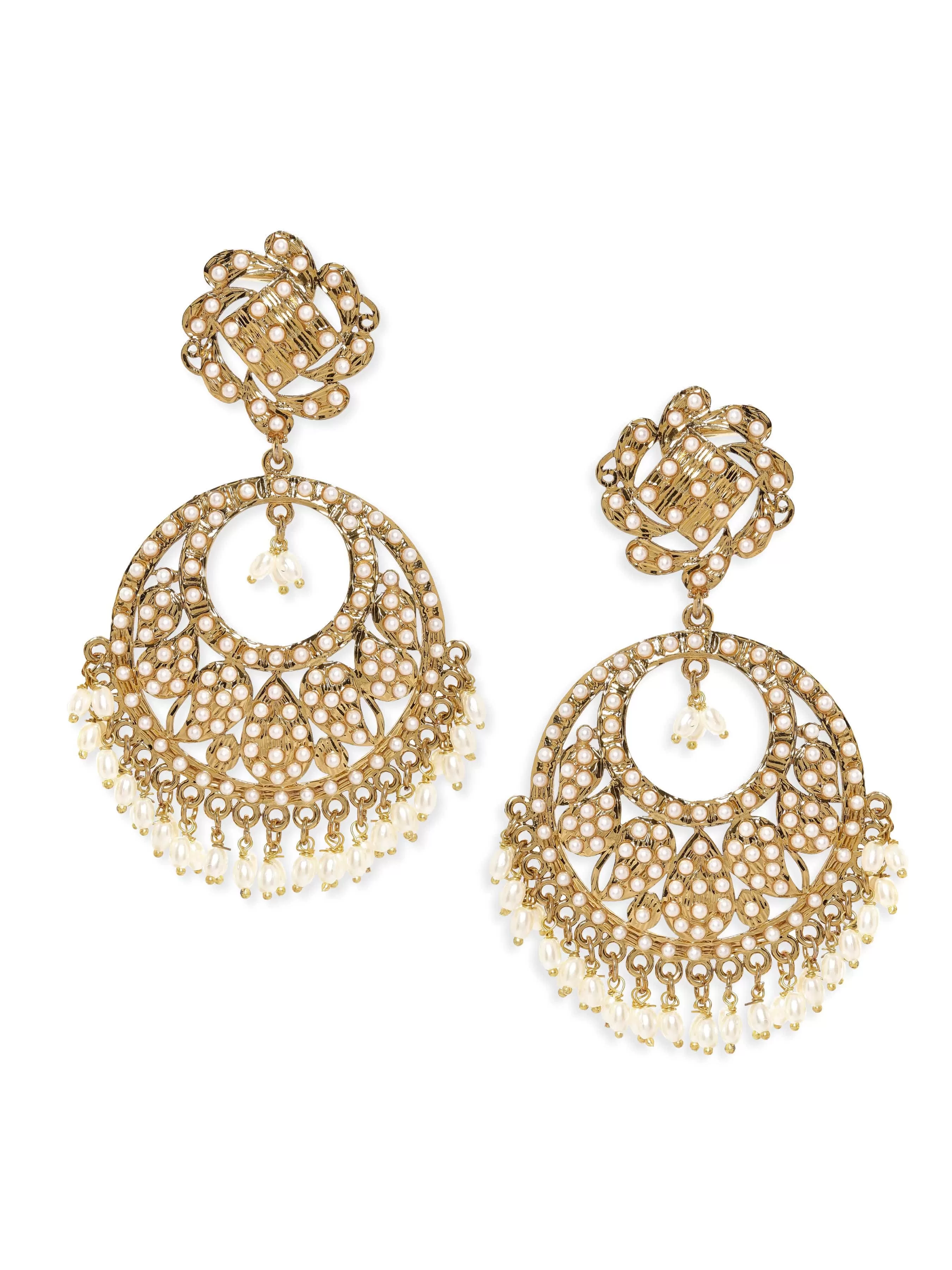 Rubans 22K Antique Gold Plated Pearl studded Statement Chandbali Earring