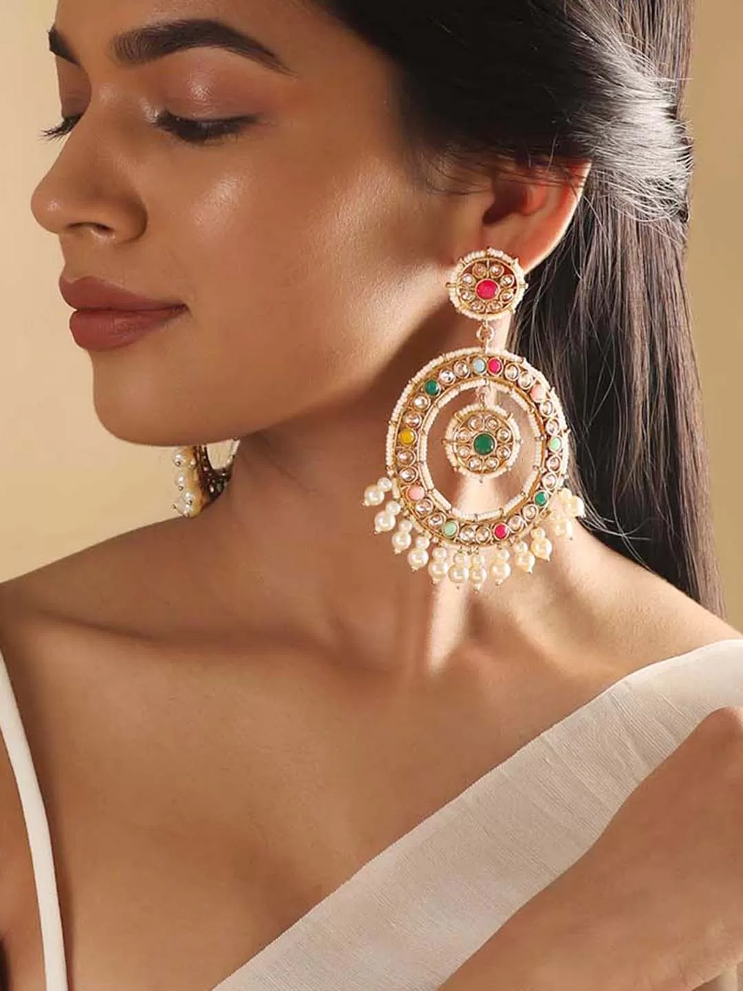 Rubans 24K Gold Plated Multicolour AD Studded Chandballi Earrings