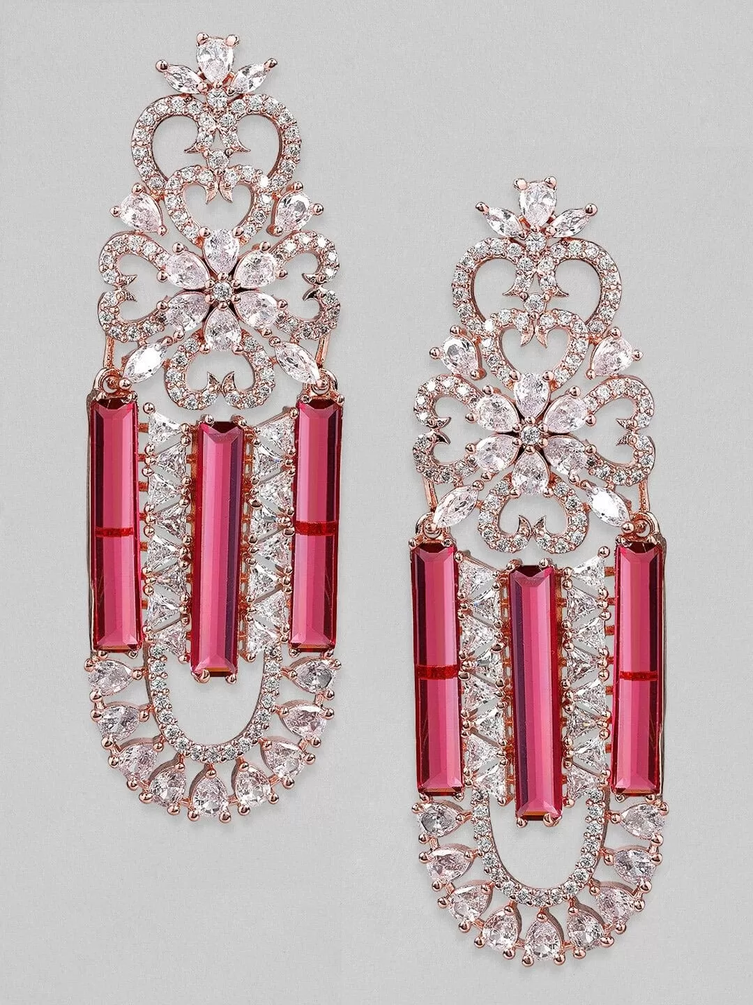 Rubans Gold Plated Pink & Zirconia Stone Studded Drop Earrings.