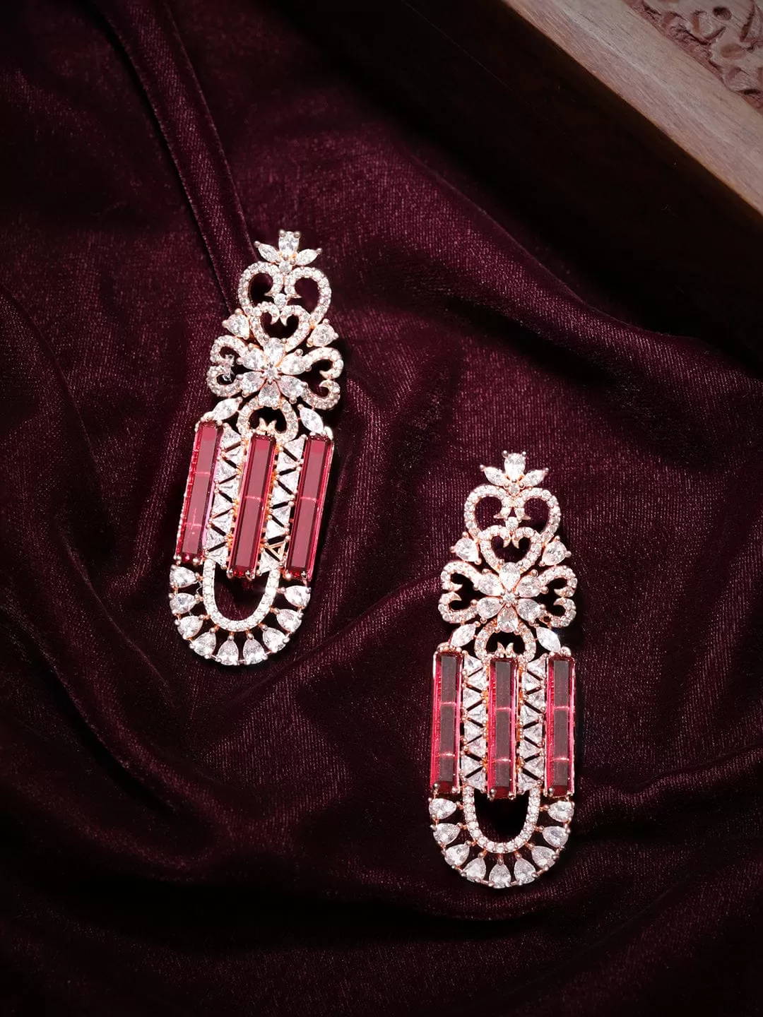 Rubans Gold Plated Pink & Zirconia Stone Studded Drop Earrings.