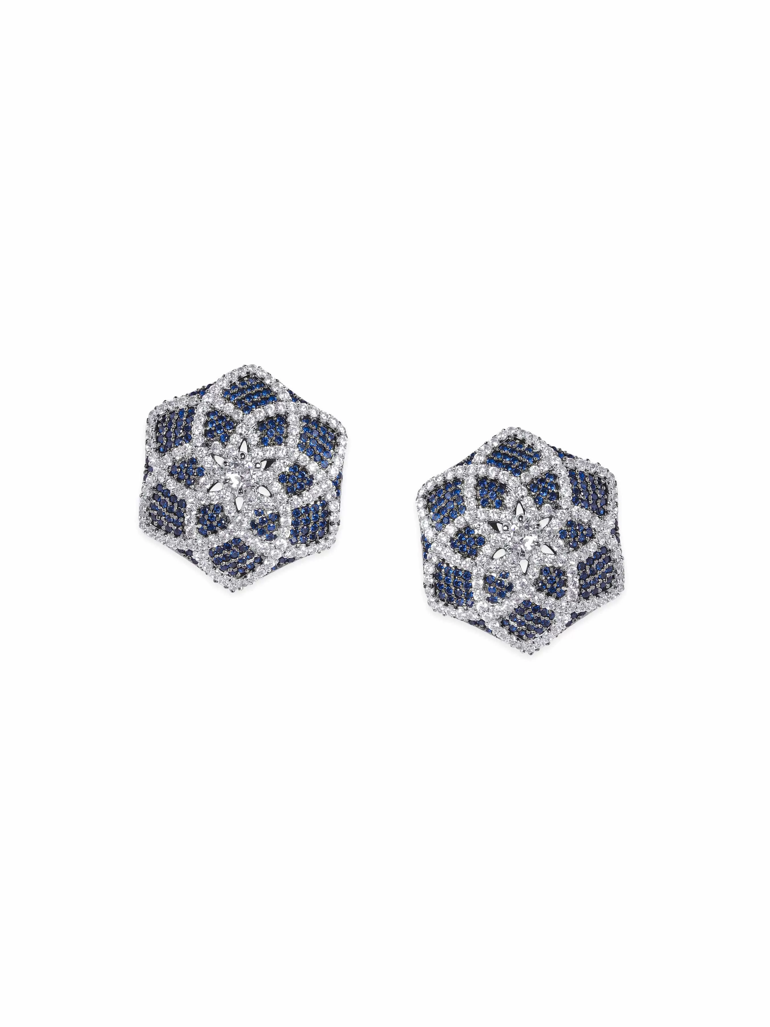 Rubans Rhodium Plated AAA Cubic Zirconia Blue Sapphire Floral motif Statement Stud Earrings