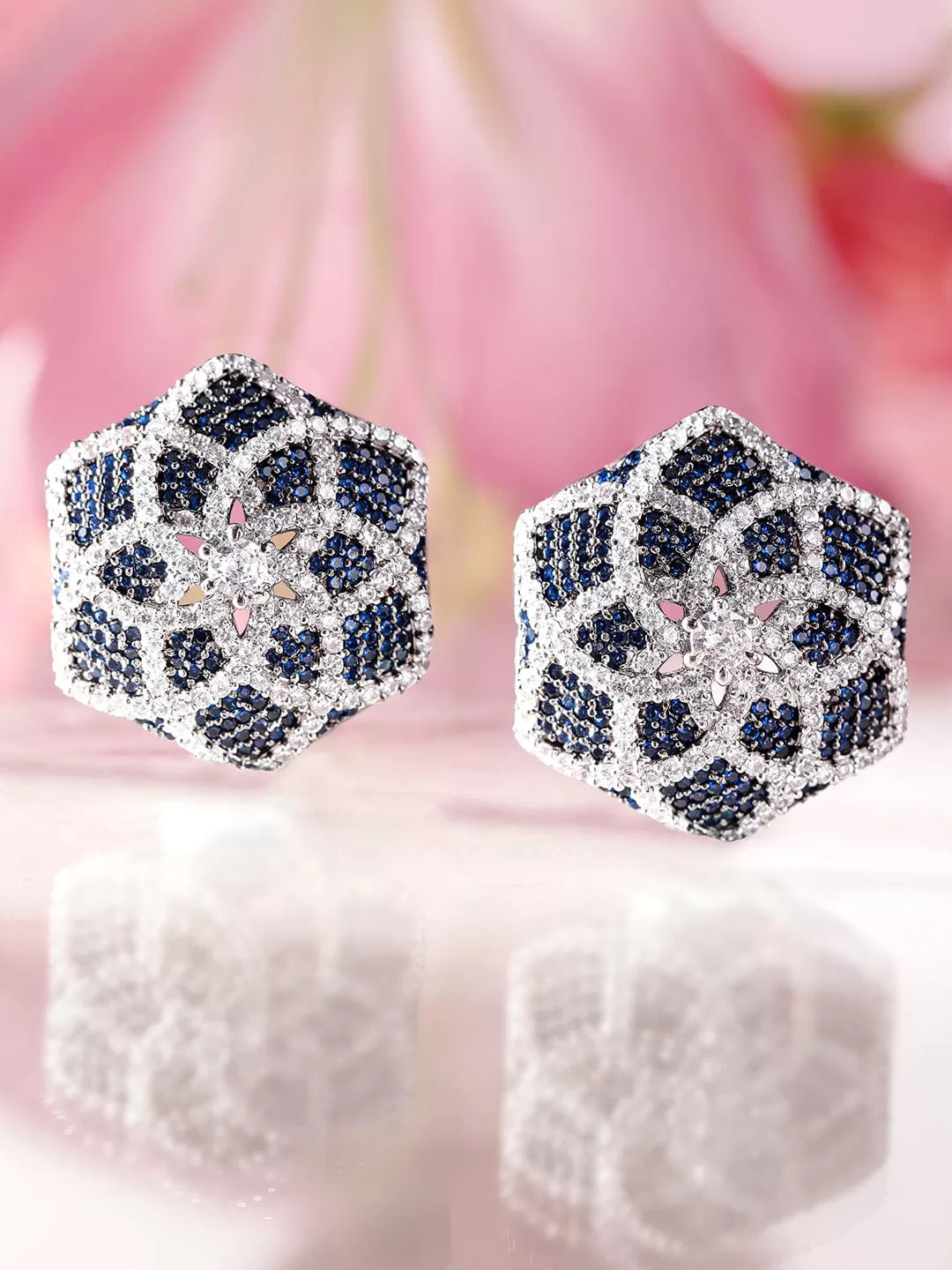 Rubans Rhodium Plated AAA Cubic Zirconia Blue Sapphire Floral motif Statement Stud Earrings