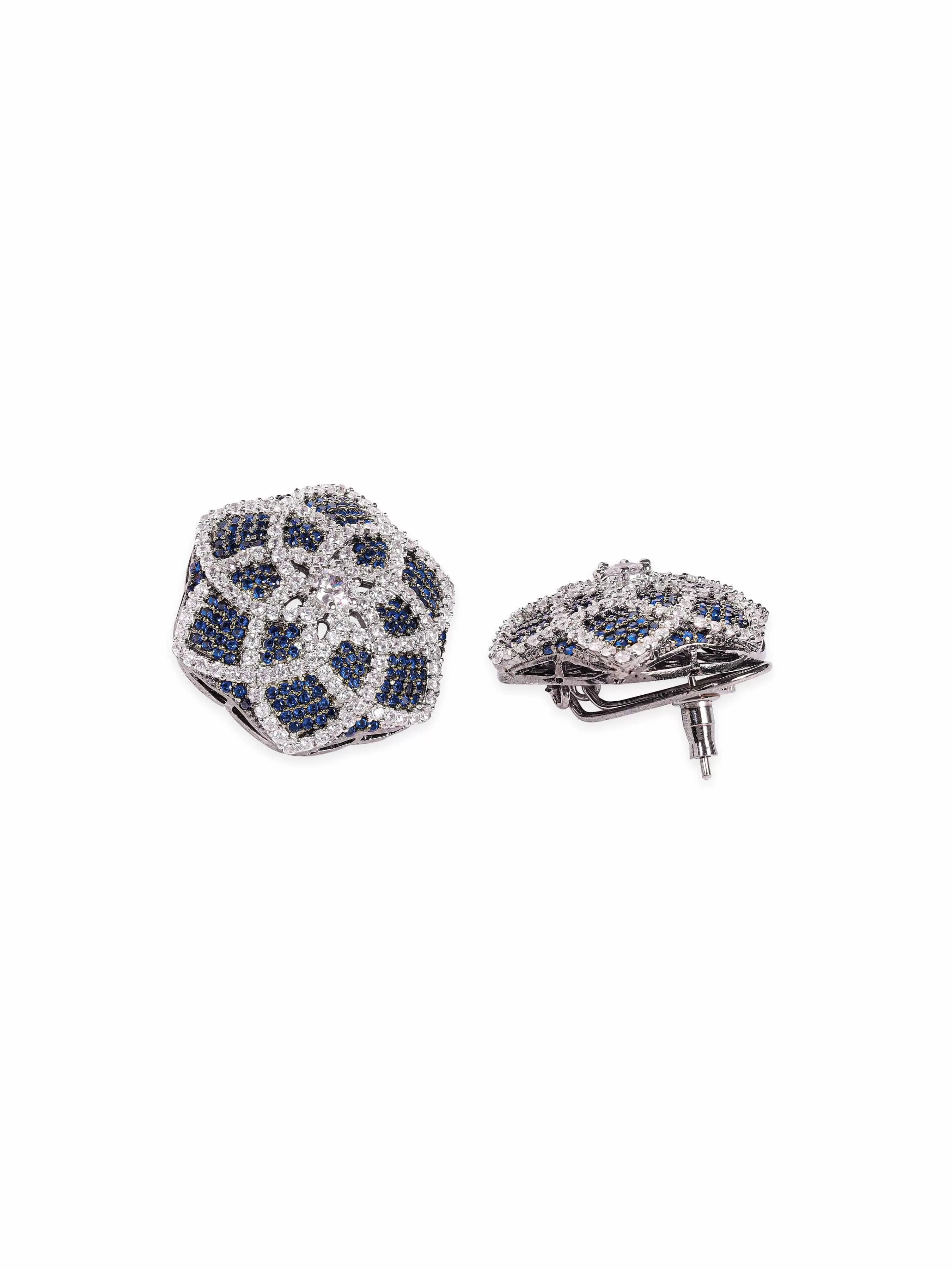 Rubans Rhodium Plated AAA Cubic Zirconia Blue Sapphire Floral motif Statement Stud Earrings