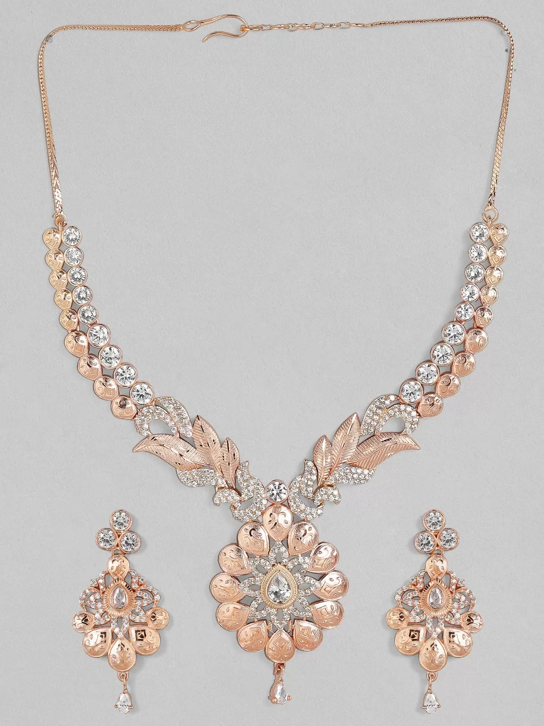 Rubans Zircon Studded Handcrafted Rose Gold Plated Statement Necklace Set