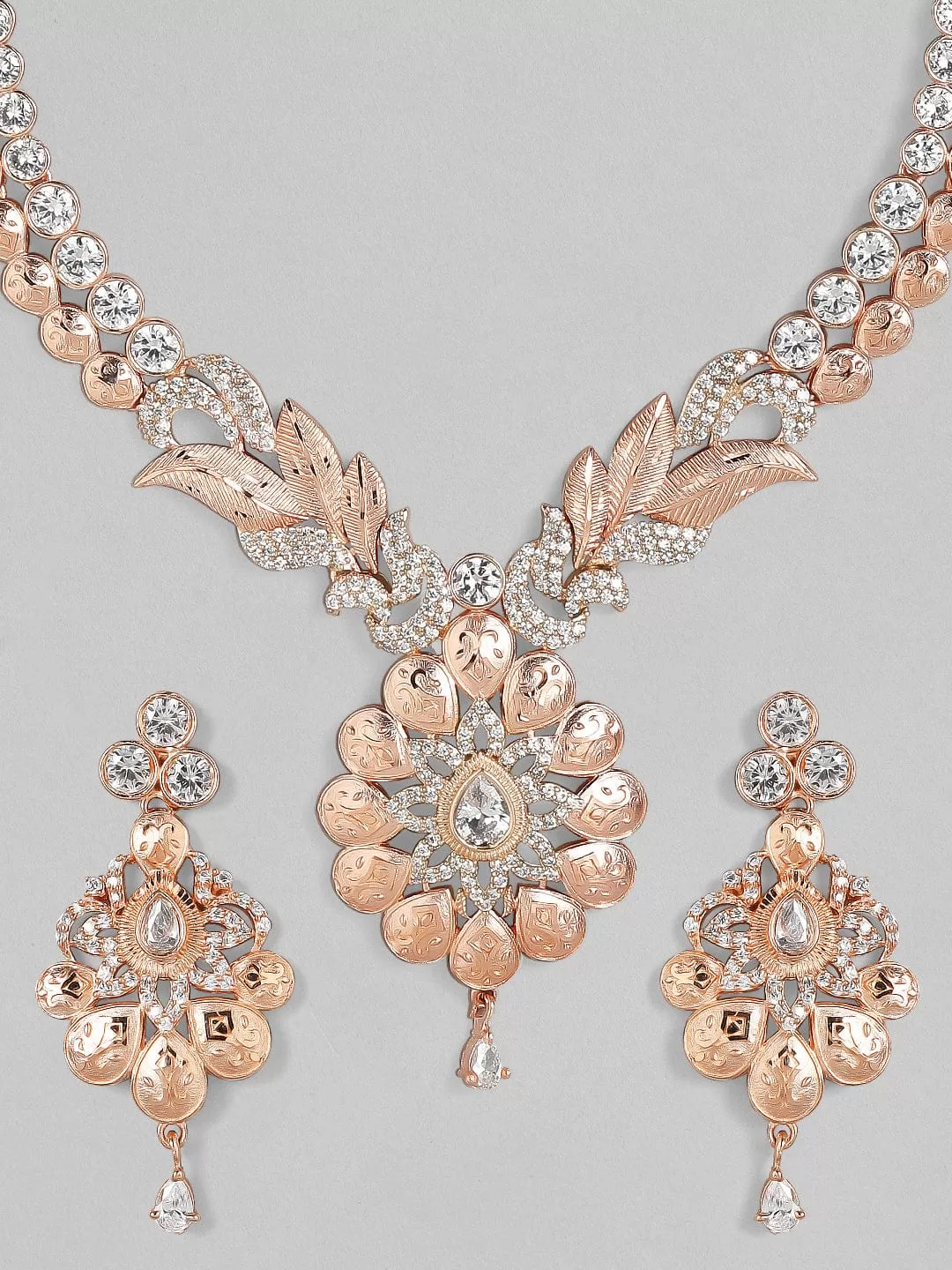 Rubans Zircon Studded Handcrafted Rose Gold Plated Statement Necklace Set