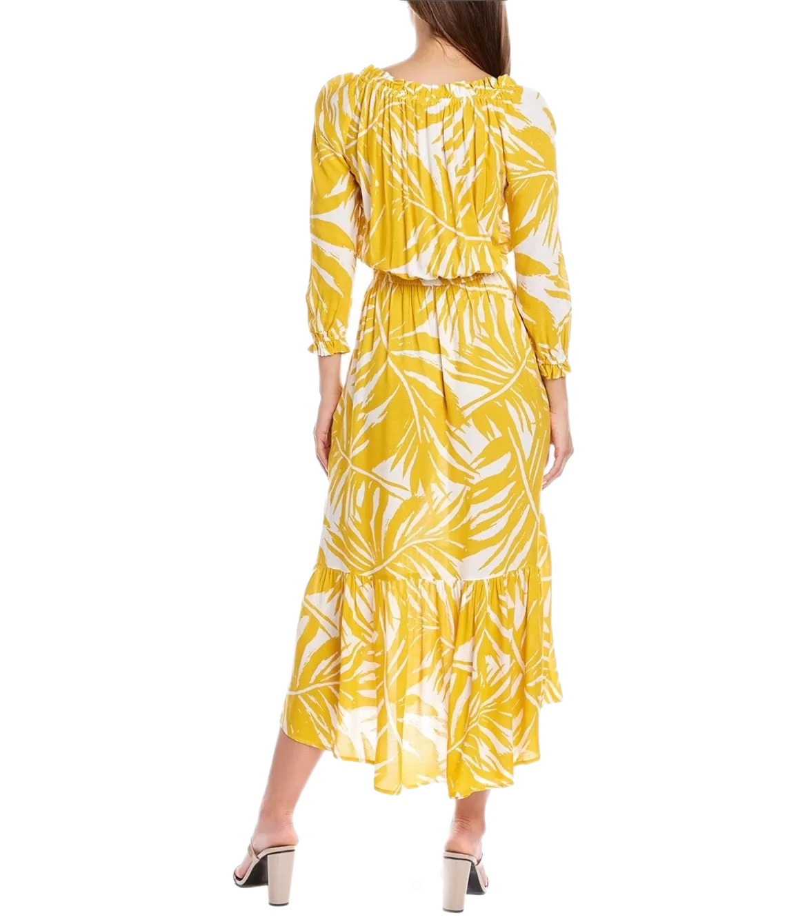 Ruffled Printed Textured Breathable Rayon Crepe Dress with elastic waist and self belt in golden yellow floral print