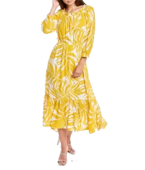 Ruffled Printed Textured Breathable Rayon Crepe Dress with elastic waist and self belt in golden yellow floral print