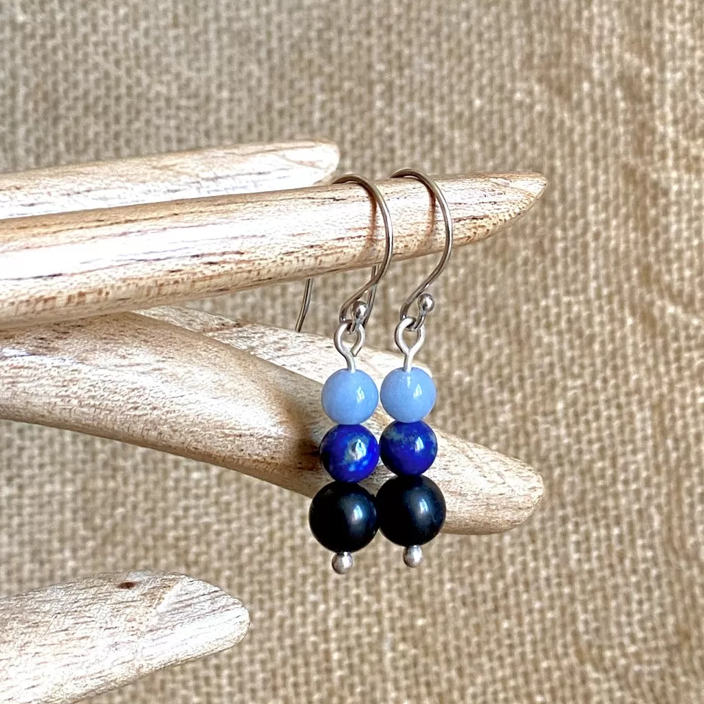 Shungite Earrings with Lapis and Angelite, Intuition, Communication