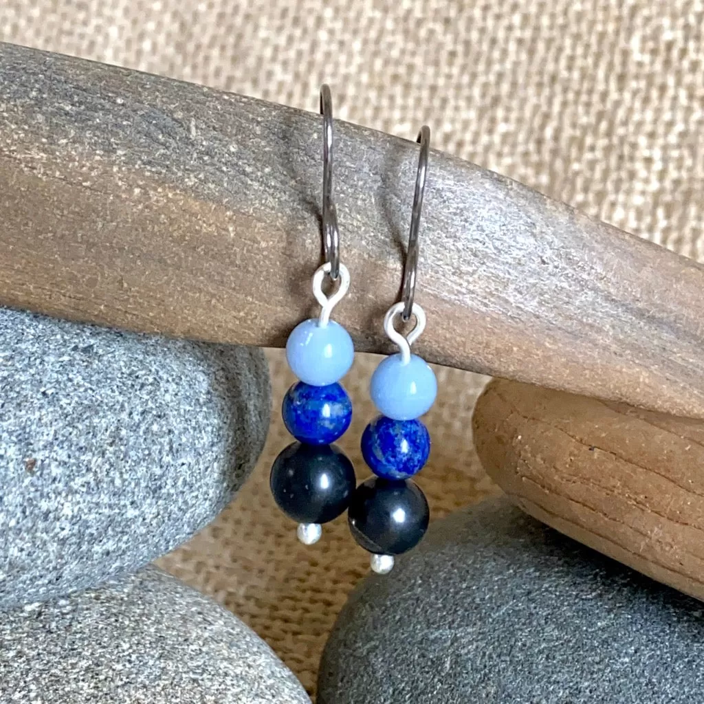 Shungite Earrings with Lapis and Angelite, Intuition, Communication