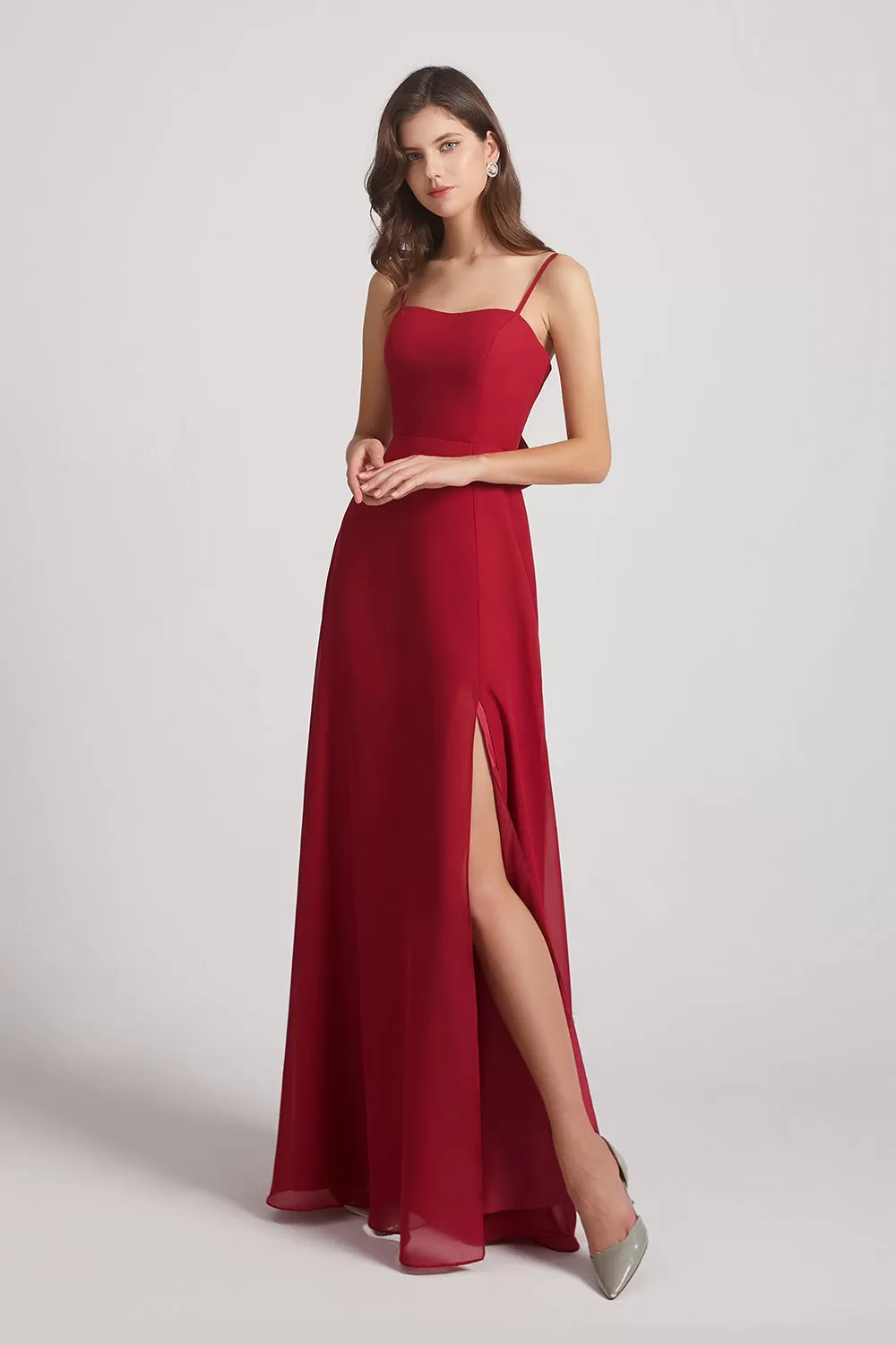 Spaghetti Straps Long Chiffon Bridesmaid Dresses with Side Slit (AF0112)