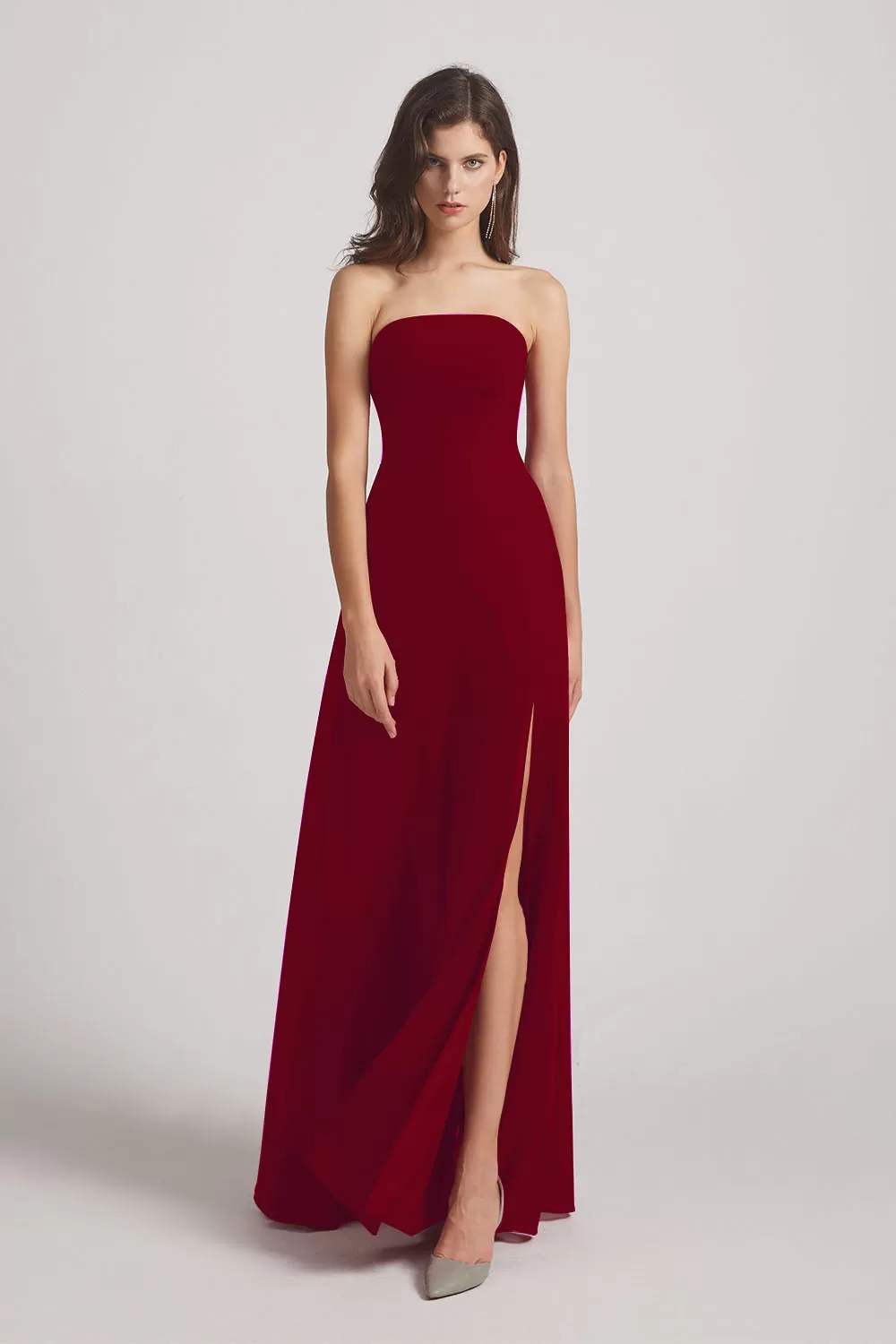 Strapless Chiffon Ruched Slit Long Bridesmaid Dresses (AF0050)