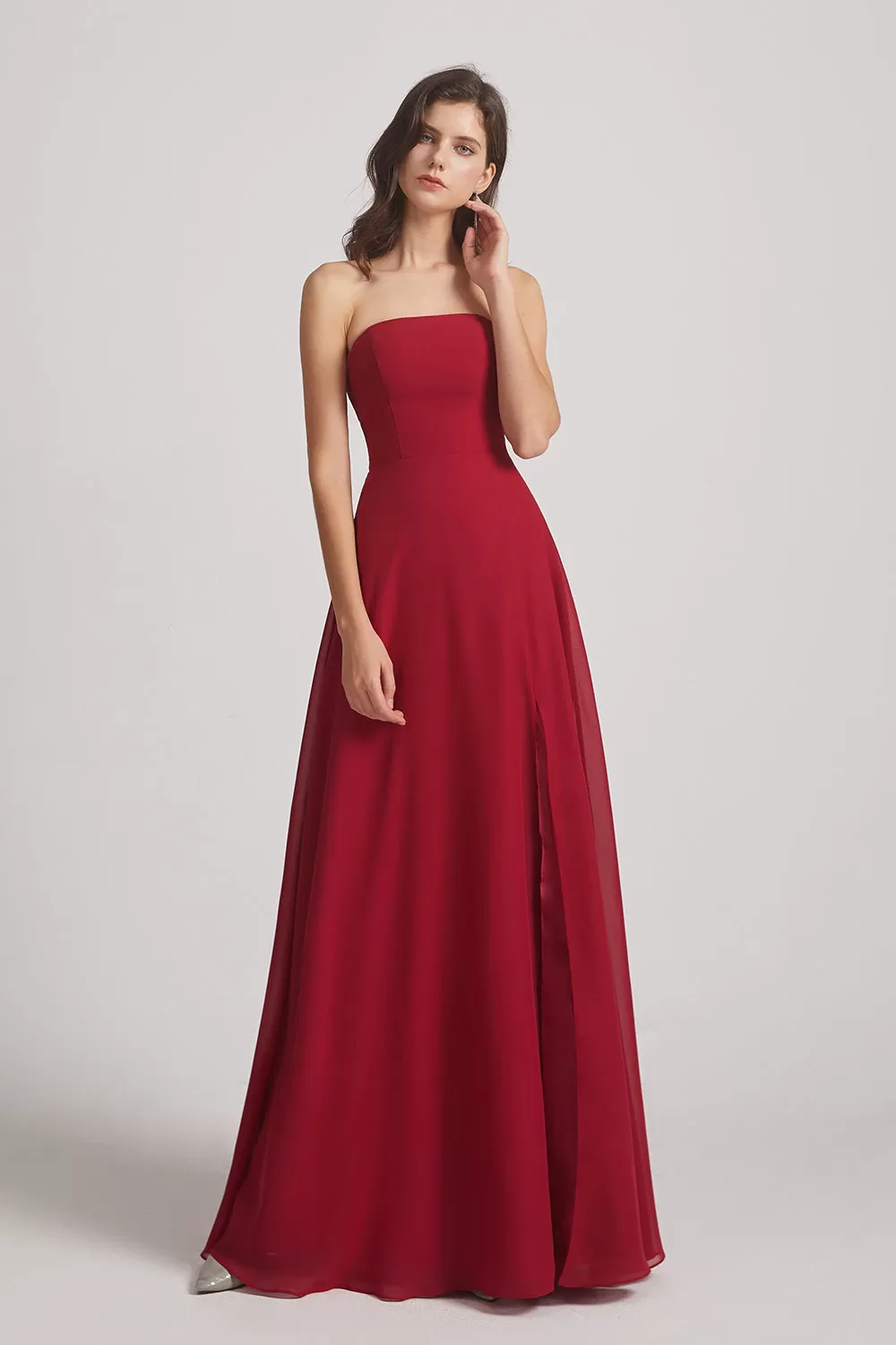 Strapless Chiffon Ruched Slit Long Bridesmaid Dresses (AF0050)