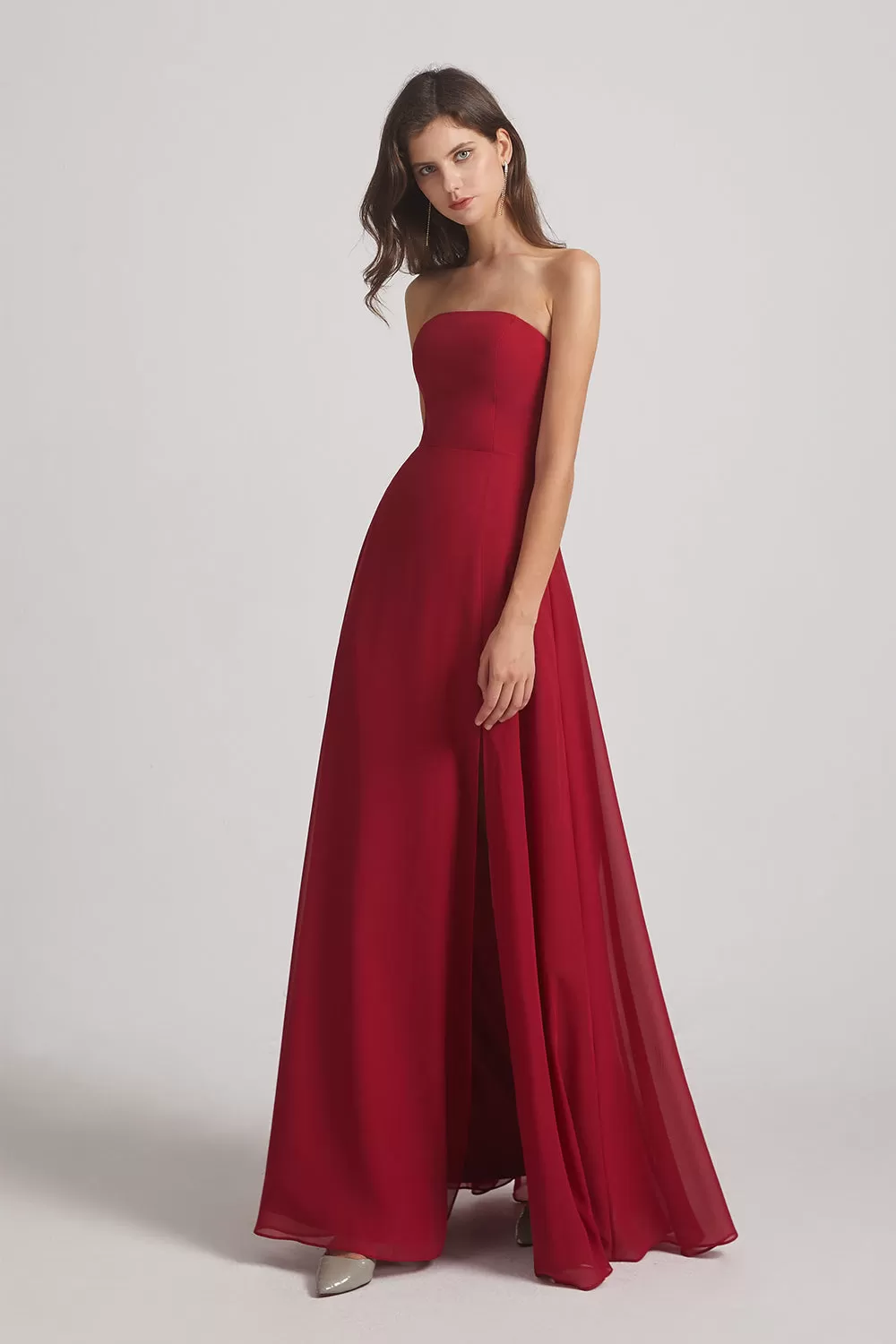 Strapless Chiffon Ruched Slit Long Bridesmaid Dresses (AF0050)