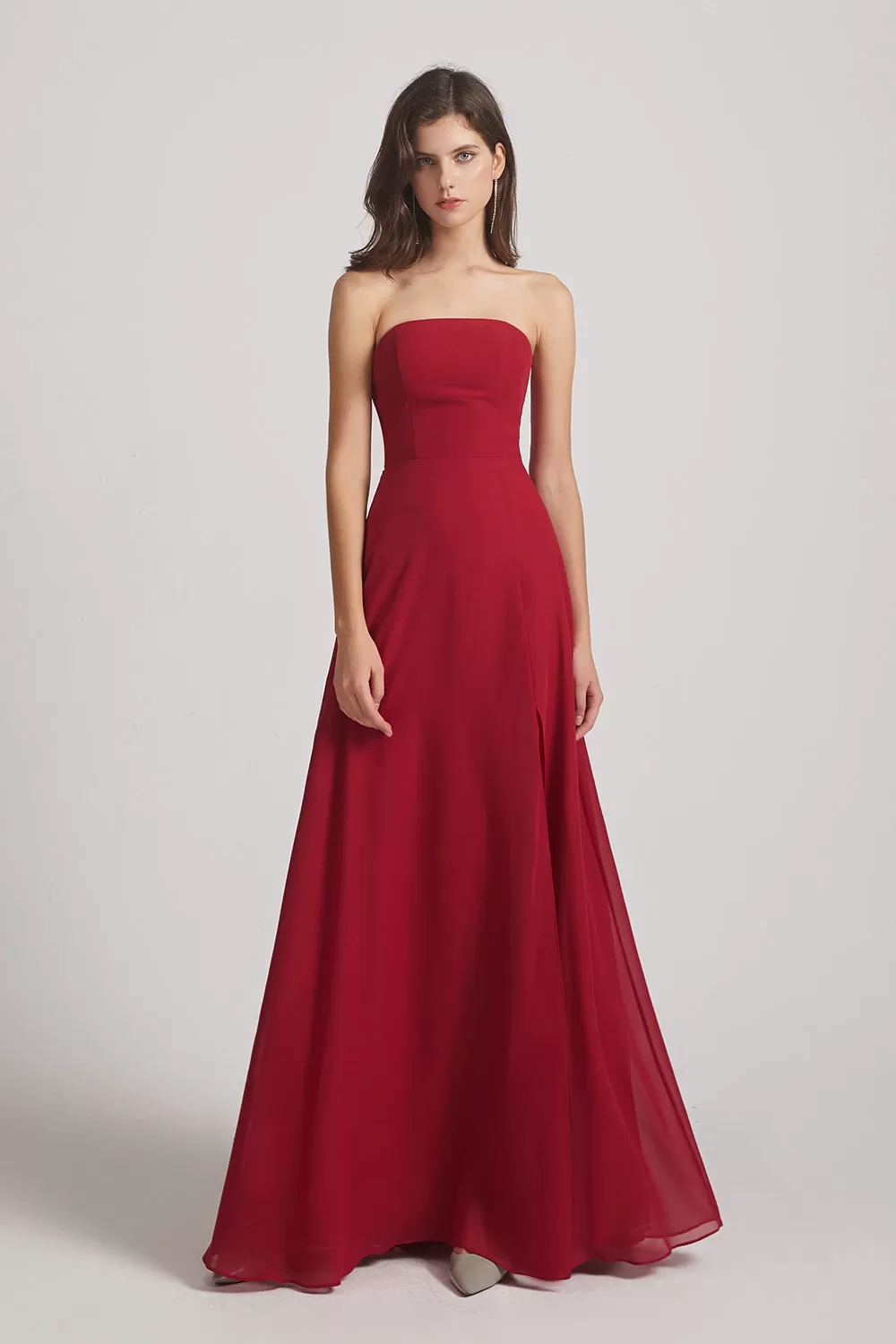 Strapless Chiffon Ruched Slit Long Bridesmaid Dresses (AF0050)