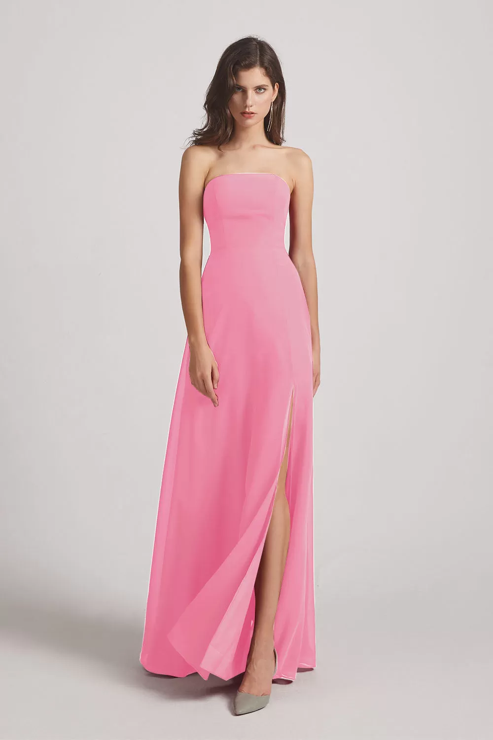 Strapless Chiffon Ruched Slit Long Bridesmaid Dresses (AF0050)