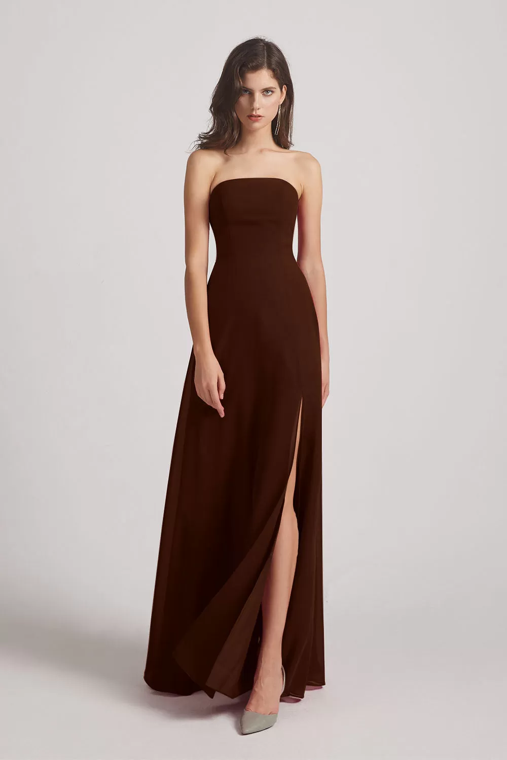 Strapless Chiffon Ruched Slit Long Bridesmaid Dresses (AF0050)