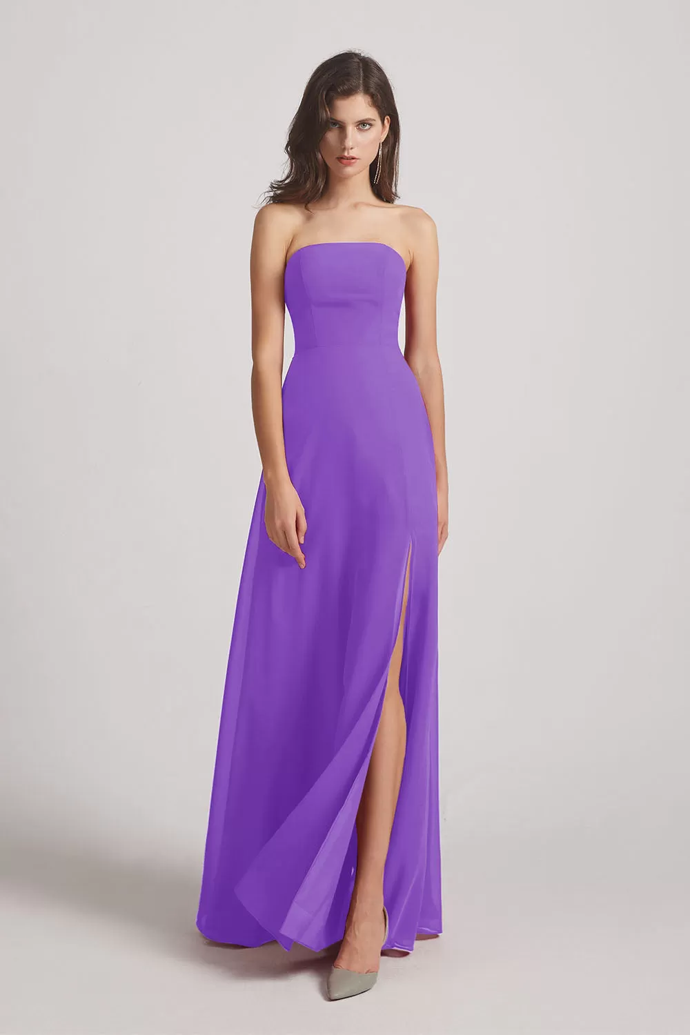 Strapless Chiffon Ruched Slit Long Bridesmaid Dresses (AF0050)