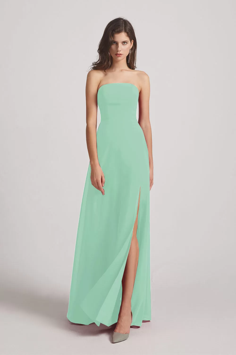 Strapless Chiffon Ruched Slit Long Bridesmaid Dresses (AF0050)