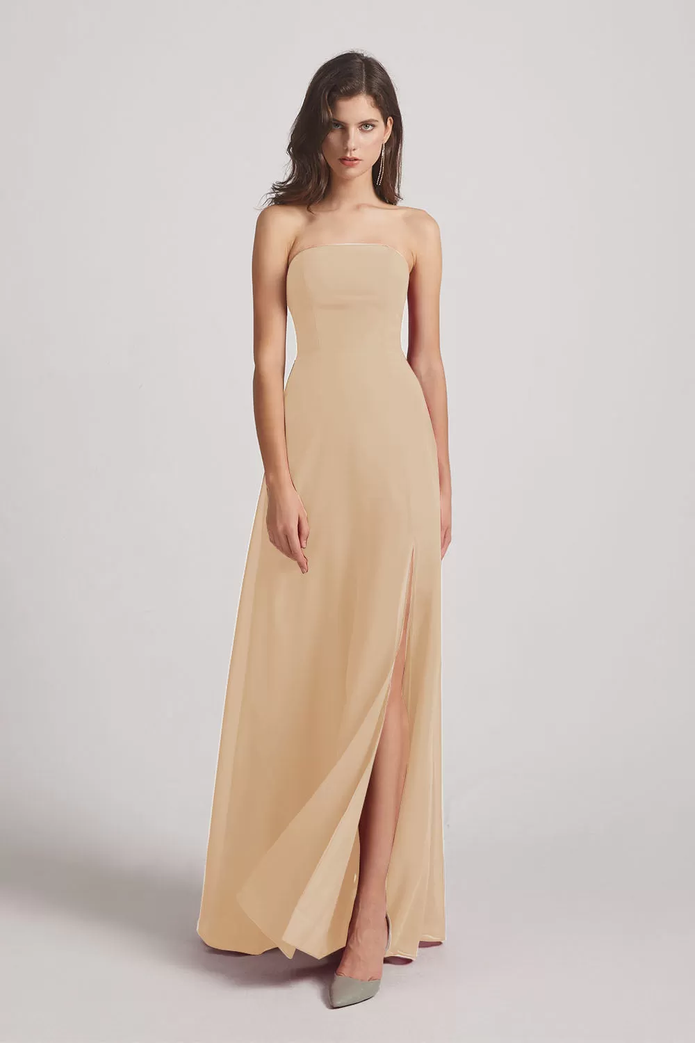 Strapless Chiffon Ruched Slit Long Bridesmaid Dresses (AF0050)