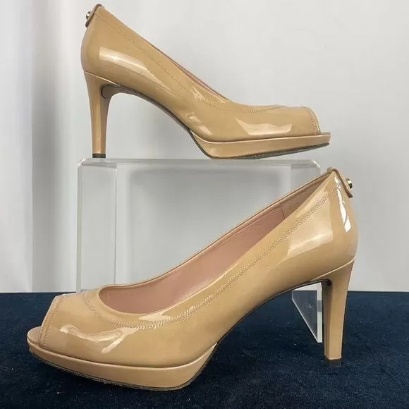 Stuart Weitzman Tan Patent Peep Toe Pumps