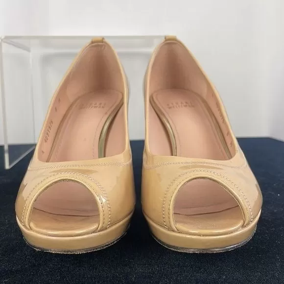 Stuart Weitzman Tan Patent Peep Toe Pumps