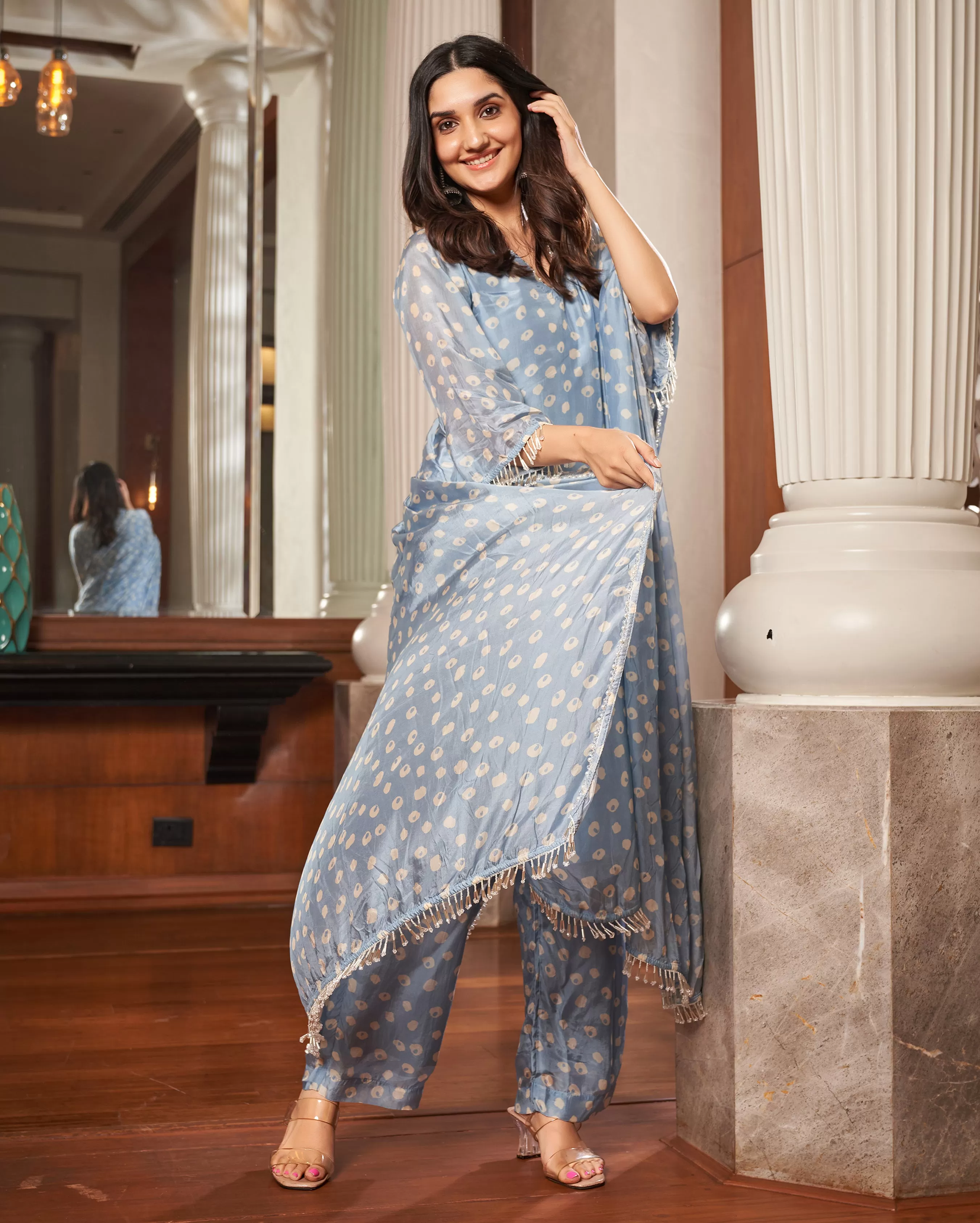 Tarang Pastel Blue Bandhani Silk Suit Set