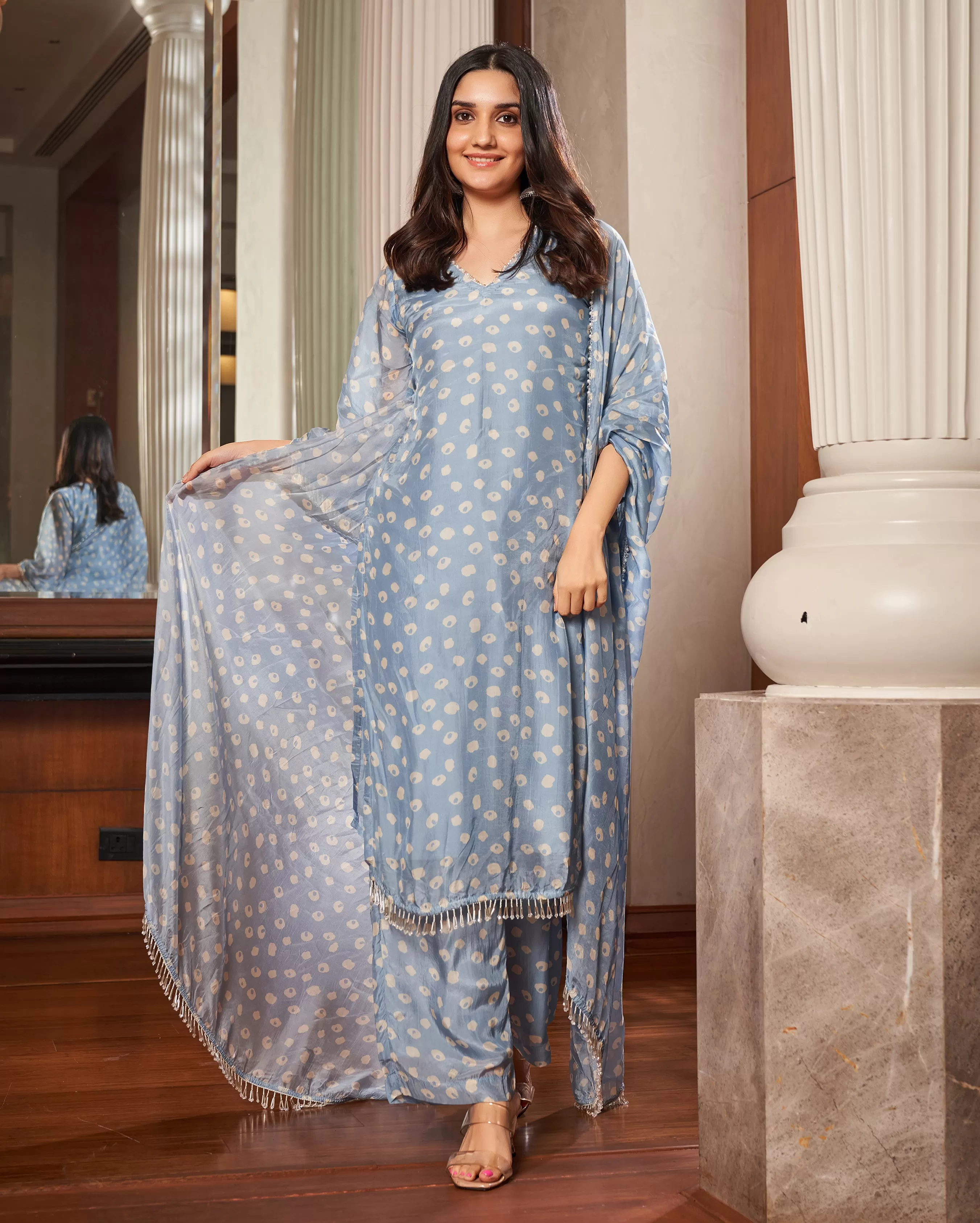 Tarang Pastel Blue Bandhani Silk Suit Set