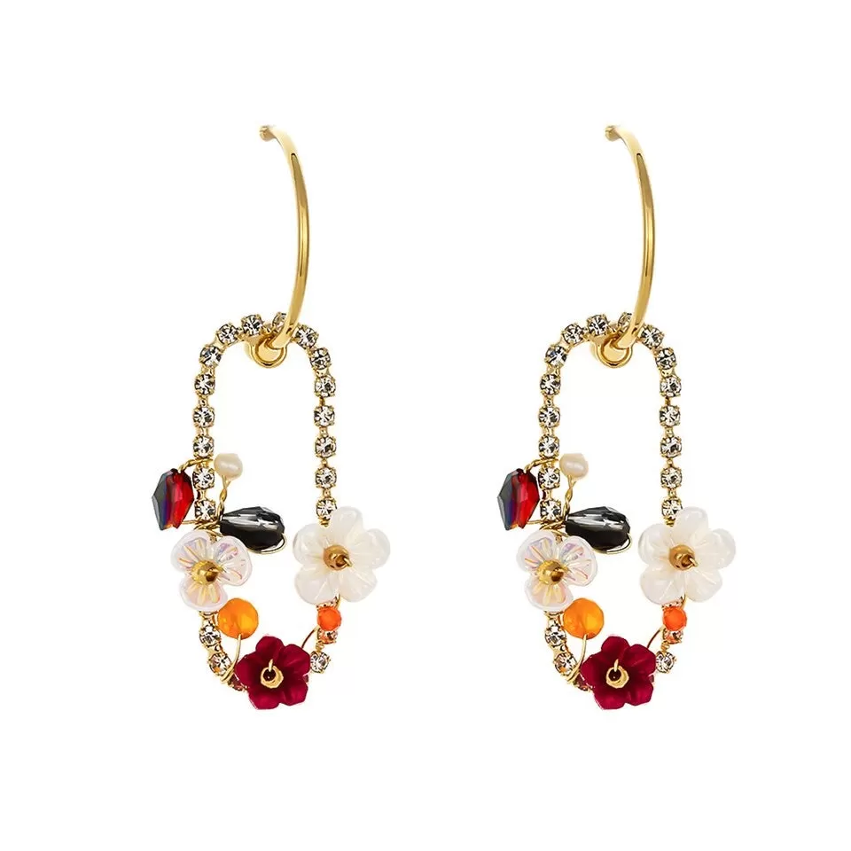 Trendy Luxury Zirconia Dangle Natural Pearls Shell Flower Statement Earring