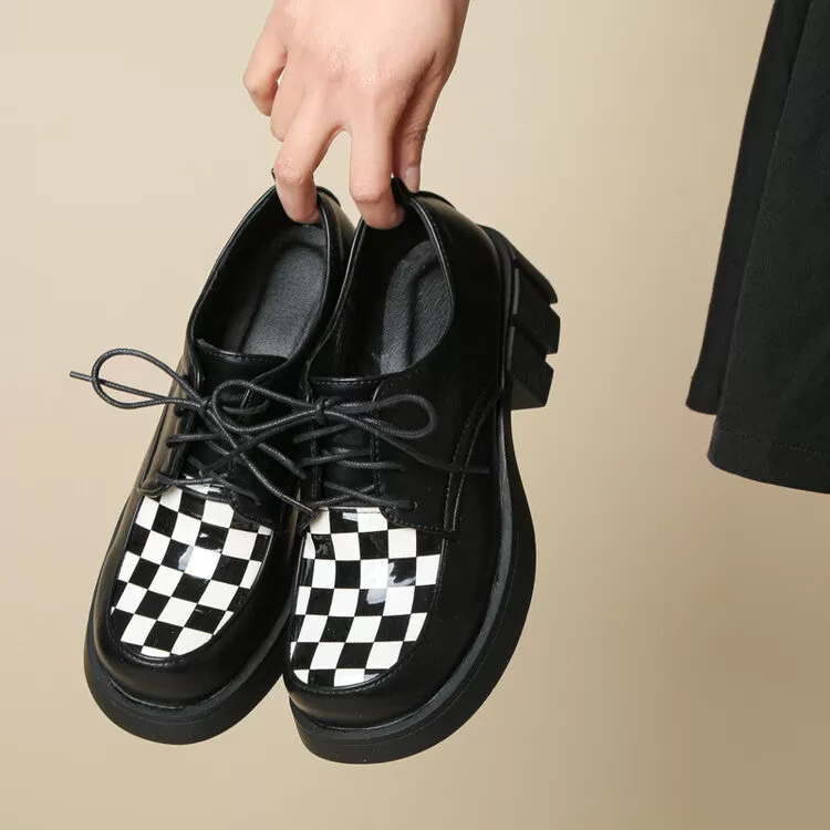 Women's Bicolor Lattice Lace Up Block Heel Shoes